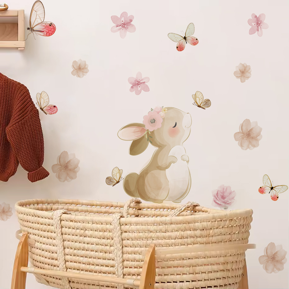 Cartoon Rabbit Flowers Butterf - Baby Nursery Decor Girl ulasan dan harga